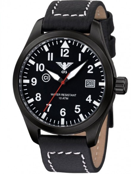 AIRBS.LBB Mens Watch Airleader Black Steel Buffalo Leather Strap