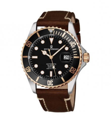 Revue Thommen Men's 17571.2557 'Diver' Black Dial Light Brown Leather Strap Two Tone Swiss Automatic Watch