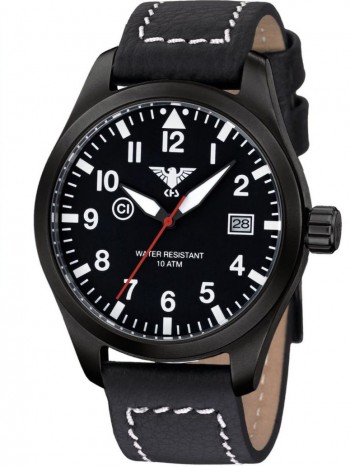 AIRBS.LBB Mens Watch Airleader Black Steel Buffalo Leather Strap